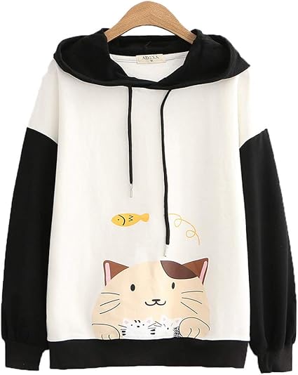 Amazon キャンディ少女 レディース ガールズ パーカー トレーナー 猫顔 魚 プリント ネコ耳フード 長袖 トップス カジュアル 可愛い ゆったり ツートン 少女 薄手パーカー トレーナー パーカー 通販