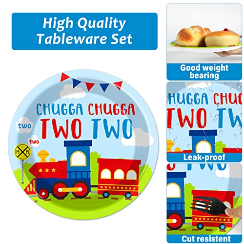 Image of 100 PCS Chugga Chugga Two Two Party Supplies Set Train Plates and Napkins 2nd Birthday Party Tableware Packs Decorations Transportation Disposable Paper Plates Napkins Forks For Kids Serve 25
