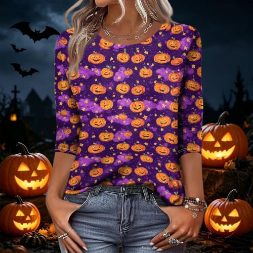 Image of Women Spooky Halloween Graphic Shirt 3 /4 Length Sleeve Crewneck Top | Halloween Funny Printed Pumpkin Plus Size Tshirts 2026 Fall Outfits Skeleton Tee Going Out Tops