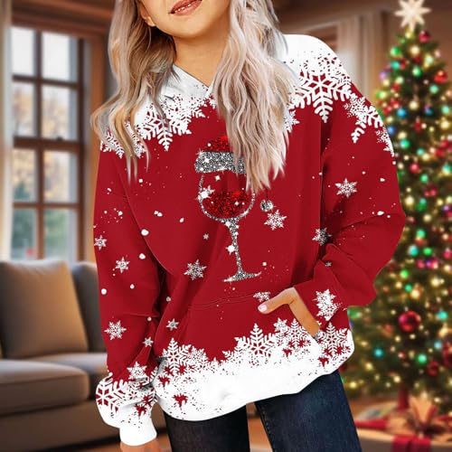 Christmas Hoodies for Teen Girls Trendy Long Sleeve Funny Wine Glass Graphic T-shirts Cute Holiday Hooded Sweatshirts2