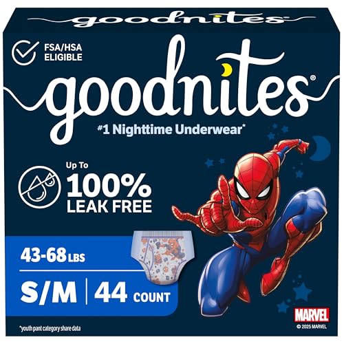 Goodnites Boys' Nighttime Bedwetting Underwear, Size S/M (43-68 lbs), 44 Ct (2 Packs of 22), Packaging May Vary