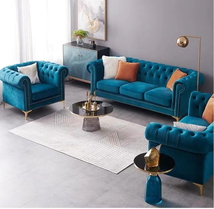 Modern Classic Sofa Couch Fabric & Valvet Tufted Chesterfield Sofa Living Room and Office (Teal Green 3+1+1 Seater Sofa Set)