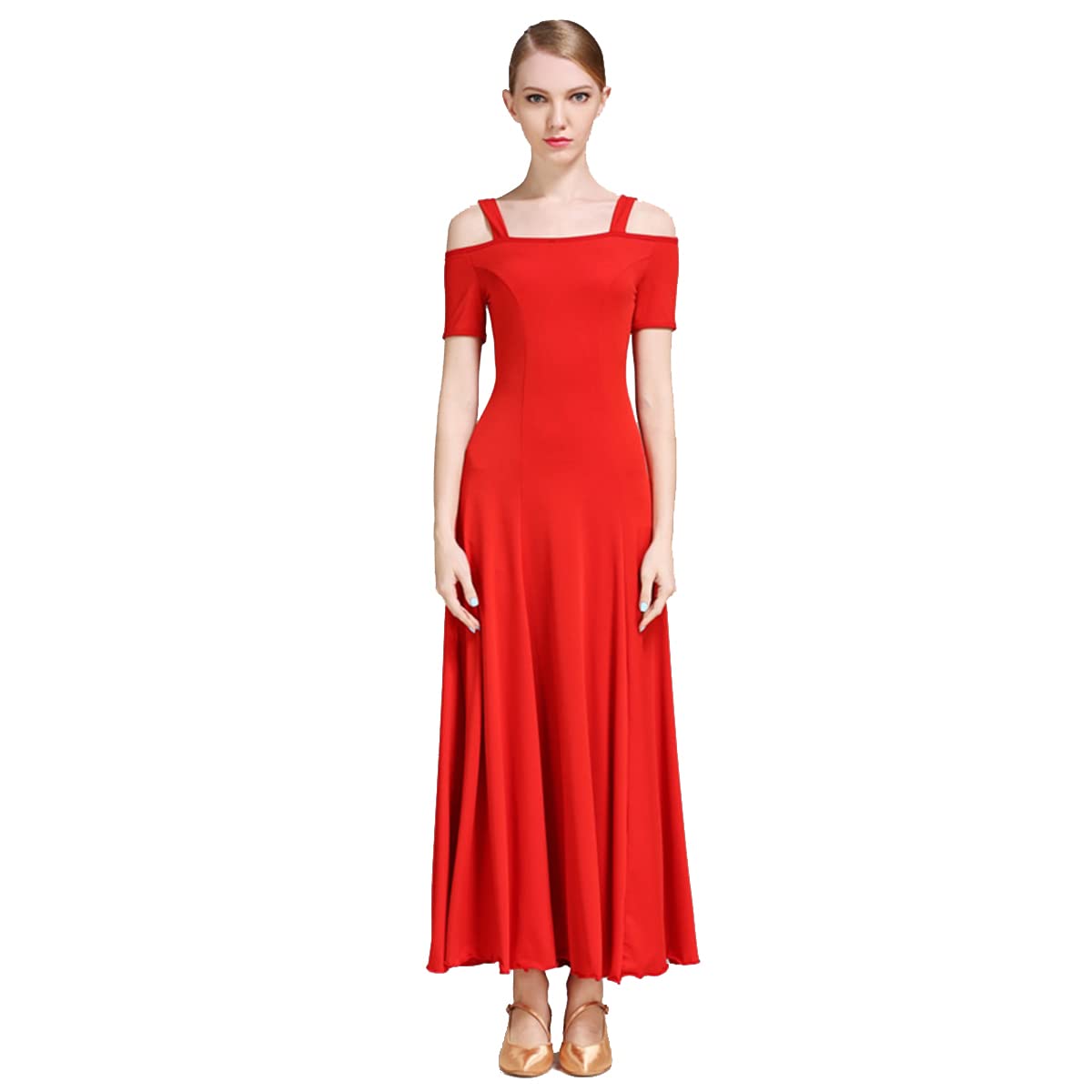 Kobieta? moda seksowna sukienka na ramię solidna długa sukienka na imprezę elegancka sukienka nowoczesna walc ubrania do tańca balowego taniec duża spódnica swingowa odzież performance (XXL, czerwona)