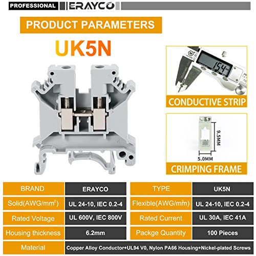 Erayco Bloco de Terminais de Trilho Din Uk5N-Gr, Braçadeira de Parafuso, 600 V 30 A 30-10 Awg, Pacot