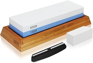 Whetstone Knife Sharpening Stone Set, 2-Sided Premium Wet Stone Sharpener 1000/6000 Grit Wetstone Kit for Kitchen knives with Non-Slip Bamboo and Silicon Base Angle Guide, Flattening Stone