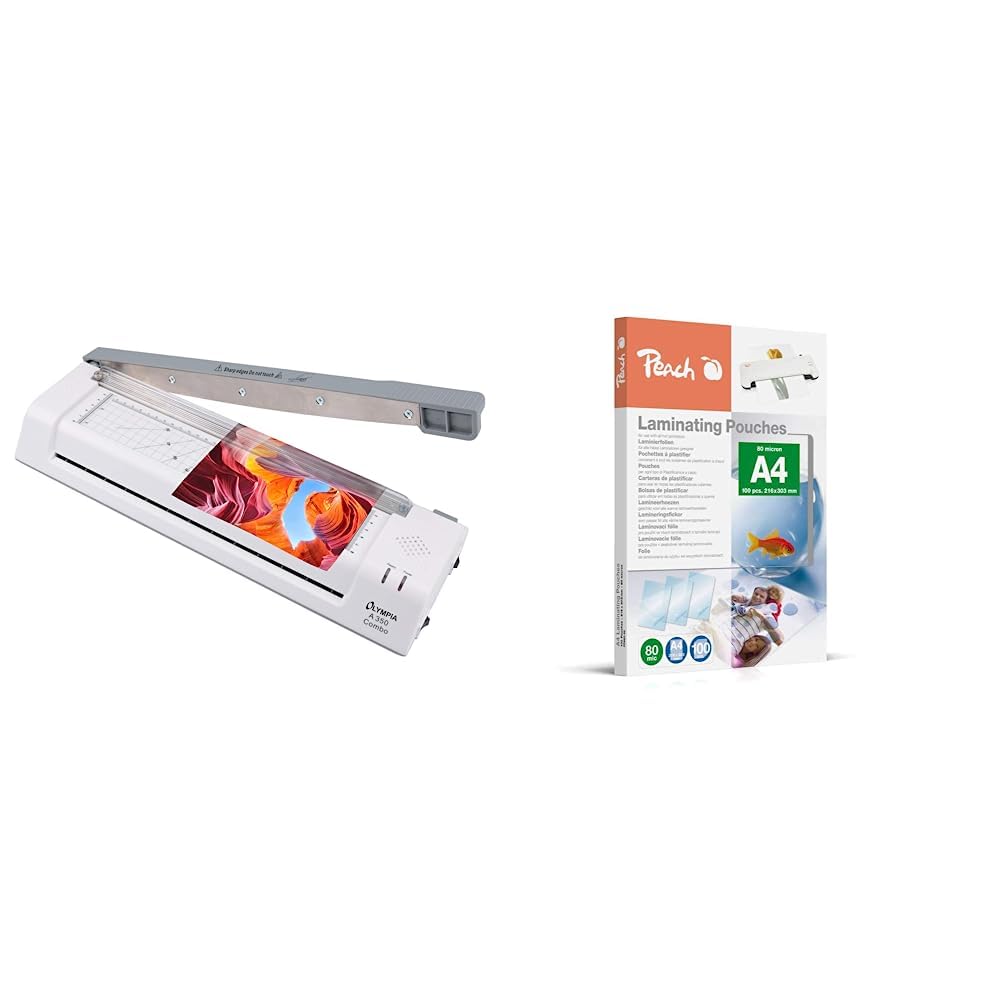 Olympia A 350, Kombi Laminier- und Schneidegerät für A3, 75/80-125 Micron, 3130 & Peach Laminierfolie A4-80 mic - 100 St. - glänzend
