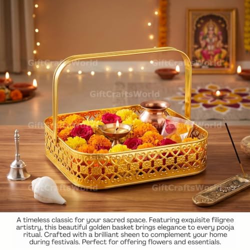 Image of Multipurpose Metal Basket For Gift Hamper, Pooja Temple Storage With Sturdy Handle, Decorative Flower Organizer & Versatile Puja Utility Accessories Home Decoration (Square 20.5cm)