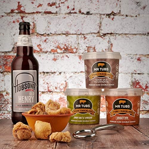 Mr Tubs Premium Pork Crackling & Single 500ml Beer Gift Set - 3 x Crackling Flavours plus 1 x Hobsons Old Henry Real Ale Beer - from Award-Winning UK Brewery