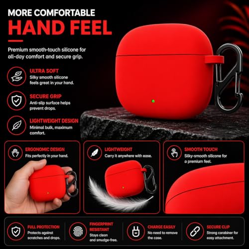 Image of Anvique Silicone Case Cover for Oneplus Nord Buds 4 Pro, Scratch Resistance, Shock Absorption, with Premium Carabiner (Red)