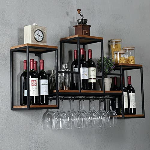 Étagère à vin Murale avec Support pour Verre à vin, Bar, Cuisine, Bouteille de vin, Support Mural, métal et Bois, étagère à vin avec Support en Verre, étagère pour Bouteilles de vin et Verres à vin