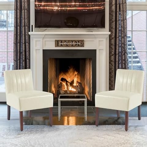 Gaussen Armless Accent Chairs Set of 2 Upholstered Bedroom Chairs Living Room Chairs with Solid Wood Legs Bedroom Chair Leather Reading Chair Comfy Chair for Bedroom Vanity Kitchen (Beige) Cover