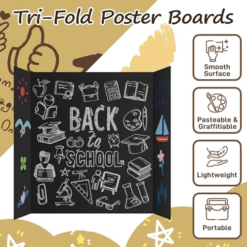 Image of PSHVYM 4 Pcs Black Trifold Poster Board, 21.5 x 14 inches Poster Board with Double Sided Tapes and Cardboard, Corrugated Presentation /Display Board for School Project, Science Fair, Business