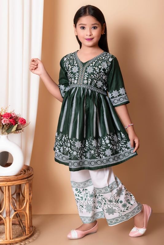 Image of Girls Ethnic Cotton Kurta and Straight Pant Set with Silky Dupatta
