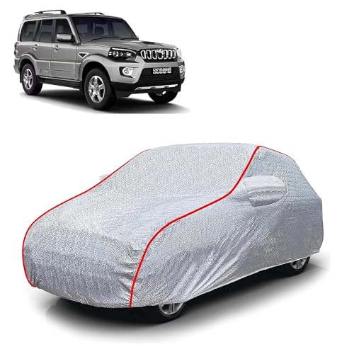 Image of Sulfar 100% Waterproof Car Body Cover Compatible with Mirror for Mahindra Scorpio (Triple Stitched, Full Bottom Elastic, Magic Silver with Red Piping)