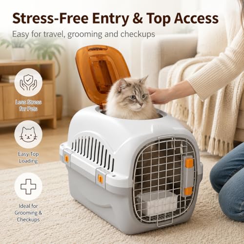 Hard Cat Carrier for Large Cats up to 20 lbs, Top Loading Plastic Pet Travel Kennel with Hard Shell, Metal Wire Door, Roof Petting Hatch and 360 Ventilation,Includes Feather Wand(Gray Set) by minnko - Used condition - Image 3