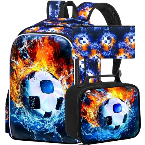 Image of 17 inch Soccer Backpack for Boys, Kids Bookbag with Lunch Box, 3Pcs Football School Backpacks for Elementary Preschool Kindergarten (Fire and Ice)