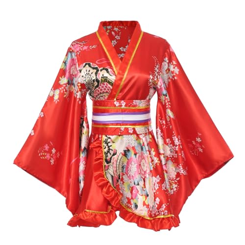 BPURB Disfraz de kimono japonés tradicional geisha yukata, cosplay, sexy, flores de cerezo, bata, ropa de dormir con cinturón Obi, Rojo, M