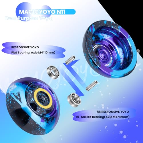 Image of MAGICYOYO Dual Purpose Yoyo N11 Responsive Yo Yo for Kids 8-12 or Above & Unresponsive Bearing Kit for Advanced + Protect Glove + Bag + 12 Replacement Strings (Black Blue Purple)