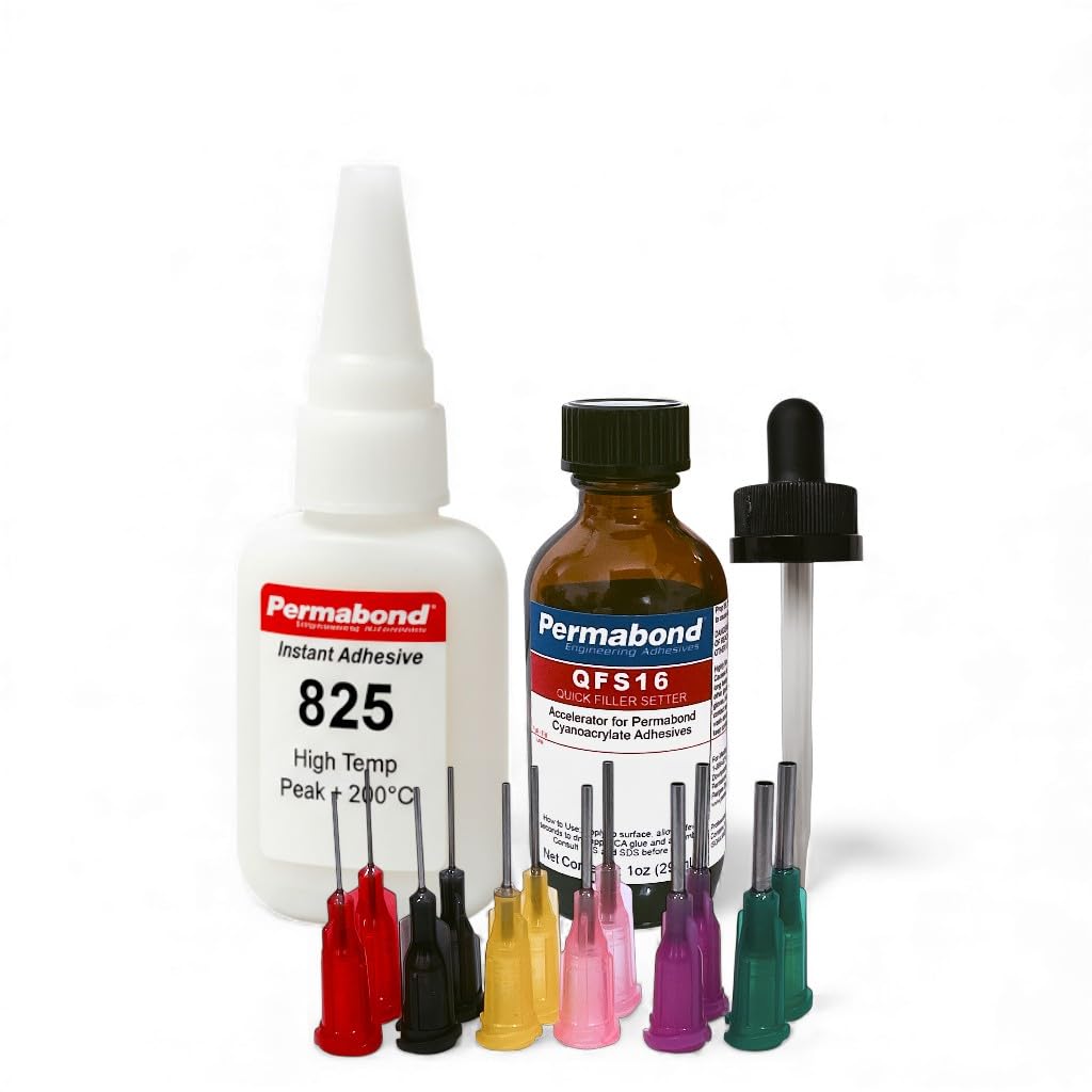 Permabond 825 High Temperature Resistant Cyanoacrylate Adhesive, Clear, Fast Curing, Low Viscosity, for Metal, Rubber and Plastic Bonding (Glue + Tips + Accelerator, 1oz)