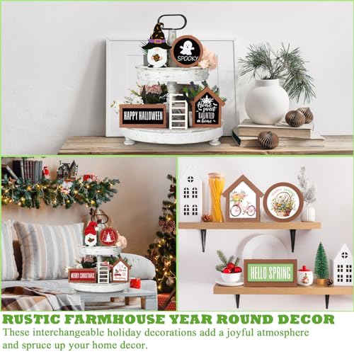 Farmhouse Fall Tiered Tray Decor Set Year Round Seasonal Decorations Holiday Rustic Wooden Frames Arch Ladders Cards Bow Knot for Home Kitchen Table