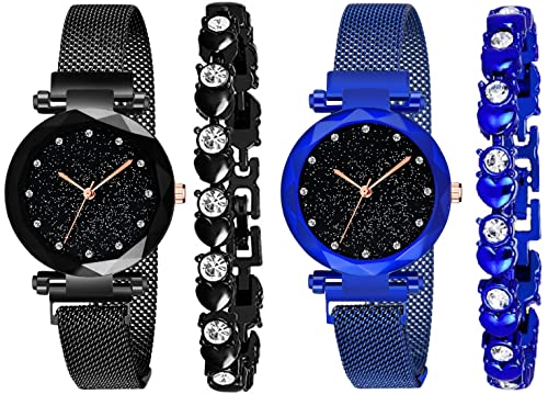 Acnos Stainless Steel Premium Magnet Black Dial Blue Strap Analogue Watch and Sweet Heart Bracelet Combo for Women and Girls - Pack of 2 Watches and 2 Bracelets
