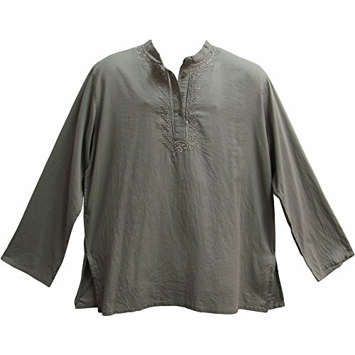 Men's Indian Yoga Mandarin Collar Gauze Cotton Embroidered Tunic Shirt Kurta