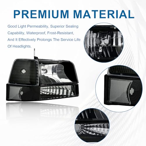 Image of Headlights Compatible with 1992-1996 Ford F150 F250 F350 &1992-1996 Ford Bronco Replacements Headlamp Clear Reflector Black Housing
