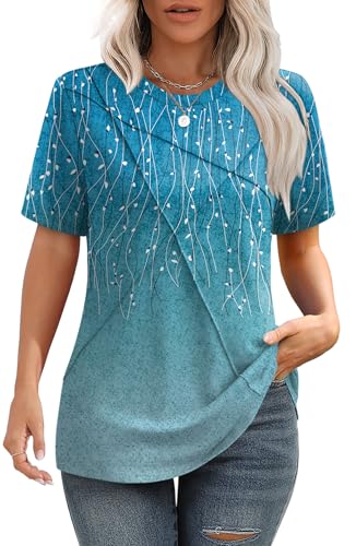 Image of XIEERDUO Womens Summer Tops 2026 Pleated Round Neck Short Sleeve Shirts Business Casual
