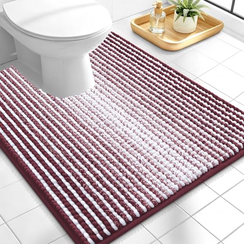 Image of OLANLY Toilet Rugs U-Shaped 24x20, Extra Soft Absorbent Chenille Striped Contour Bathroom Rugs for Toilet, Dry Quickly, Machine Washable, Non-Slip Bath Mat, Burgundy