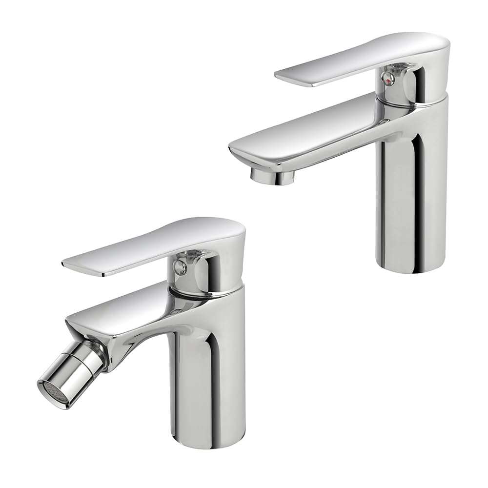 Set miscelatori lavabo e bidet con piletta click-clack, in ottone cromato lucido con scarico automatico incluso, serie FLAT