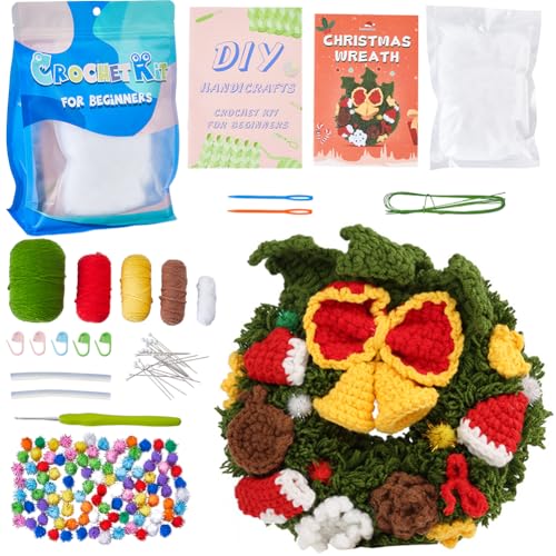 SUNNYCLUE Christmas Crocheting Kits Christmas Wreath Crochet Kit Knitting Beginner Kit Step-By-Step Video Tutorials Instruction Xmas Knitting Kits for Beginners Adults Women Holiday DIY Craft Gifts