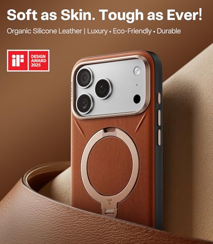 Image of TORRAS Q3 VegSkin for iPhone 17 Pro Max Case Leather, 360 Spin Magnetic Stand, Fit for MagSafe, Camera Control, Shockproof Premium Organic Silicone Leather Case for iPhone 17 Pro Max, Saddle Brown