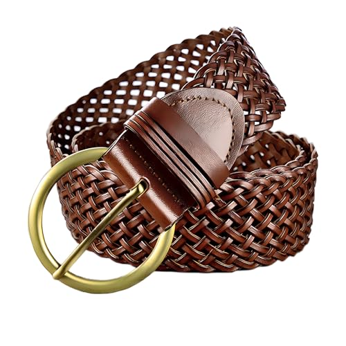2 Inch Wide Leather Braided Belts for Women Hand Made Soft Woven Waistbands with Round Golden Pin Buckle2