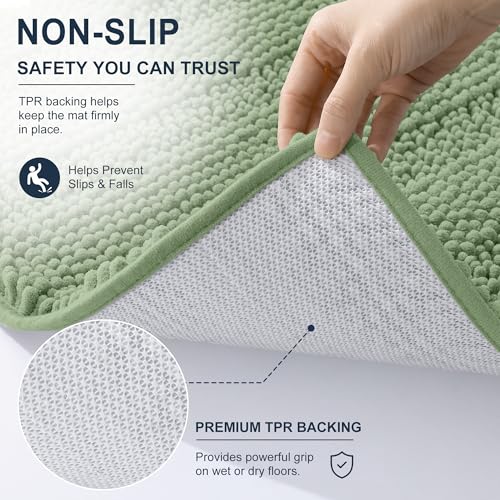 Image of Smiry Thick Chenille Bathroom Runner Rugs 59x20, Absorbent Striped Bath Mat, Machine Washable, Rubber Backing, Extra Long Bath Rugs for Tub & Shower, Modern Home Decor Accessories, Sage Green