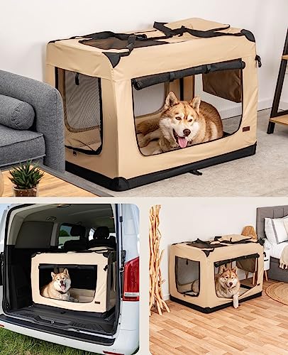 lionto Hundetransportbox faltbar für Reise & Auto, 101x69x70 cm, stabile Transportbox mit Tragegriffen & Decke für Katzen & Hunde bis 25 kg, robuste Hundebox aus Stoff für klein & groß, beige