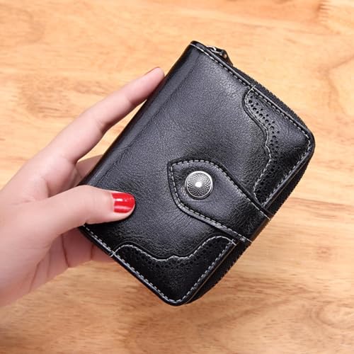 Fashion Retro Oil Waxed Leather Faux Leather Ladies Short Wallet Zipper Purse Stick On Wallet for Phone Case with Stand, Black, One Size2