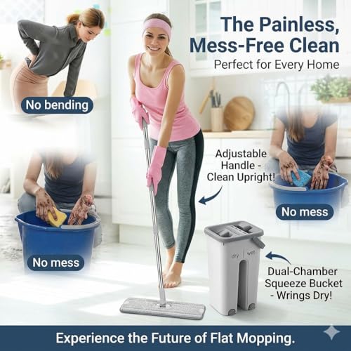 Image of Mop Heavy Quality Floor Mop with Bucket Flexible Kitchen tap Flat Squeeze Cleaning Supplies 360 Flexible Head /2 Reusable Pads Clean Home Kitchen Red