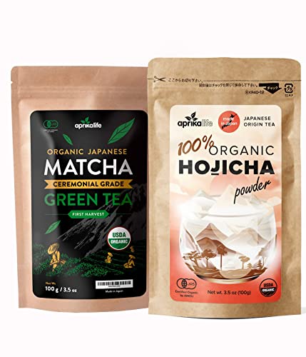 Ceremonial Matcha + Hojicha Green Tea Bundle - Organic Matcha Green Tea Powder 100G/3.5Oz And Japanese Origin Roasted Green Tea Powder 100G/3.5Oz - By Aprikalife #TOP5