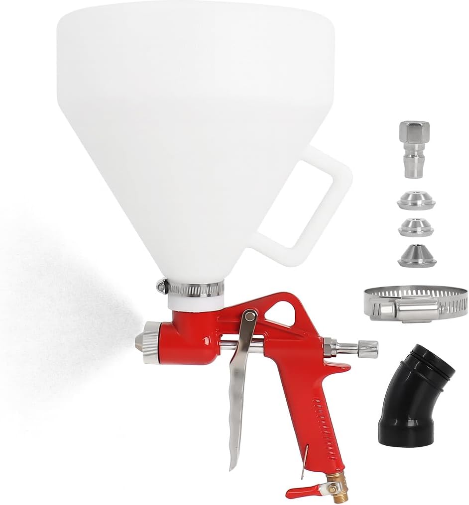 Drywall Texture Sprayer Kit – 1.5 Gallon Air Hopper Spray Gun with Elbow Hose & 3 Nozzles (4.5/6.0/8.0 mm) for Popcorn, Orange Peel & Knockdown Ceilings & Walls (White)