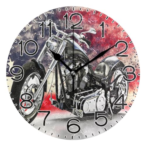 Black Motorcycle with American Flag Wall Clock Battery Operated Non Ticking Silent Quartz Analog Rustic Farmhouse Round Clock Retro Decor for Home Kitchen Living Room Bathroom
