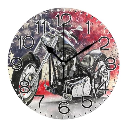Black Motorcycle with American Flag Wall Clock Battery Operated Non Ticking Silent Quartz Analog Rustic Farmhouse Round Clock Retro Decor for Home Kitchen Living Room Bathroom