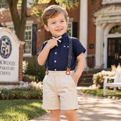 Image of Volunboy Baby Boy Formal Short Set Toddler Summer Gentleman Outfit Kid Short Sleeve Bowtie Shirt Suspender Shorts Suit