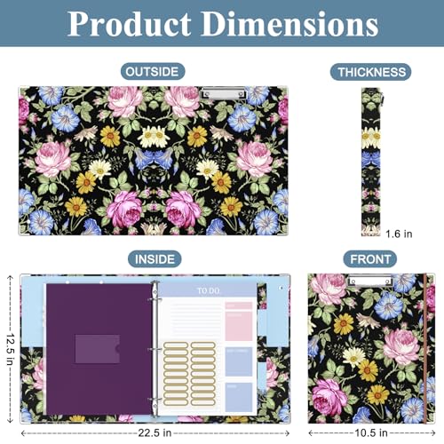 Image of 3 Ring Binder, 1 Inches Round Ring Binder with Clipboard, Dividers Tabs, PVC Zipper Bag Sleeves & to Do List Planners for Women, Men, School, Office Supplies, Flowers