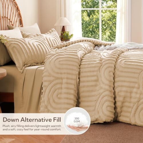 Image of MR&HM Queen Comforter Set Boho 7pcs, Khaki Weatern Arch Tufted Bedding Set