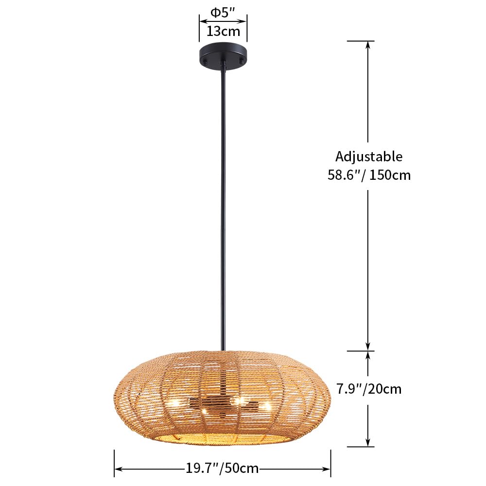Saint Mossi 4 Light Boho Drum Chandeliers, Farmhouse Dining Room Light Fixture, E12 Sockets, D20'' x H8'', Adjustable Max Height 58", Rattan Lampshade & Black Finish Metal Frame