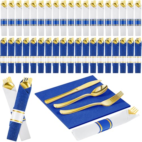 Lasnten 50 Pcs Pre-rolled Gold Cutlery Set with Napkins Navy Blue, White