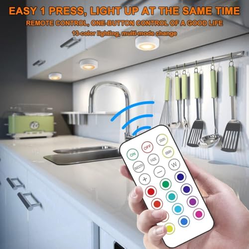 Image of 13-Color LED Puck Lights with Remote Control | Wireless Battery-Powered Stick-On Under Cabinet Lighting | Dimmable Color Changing Lights with Timer for Kitchen, Closet & Home Decor