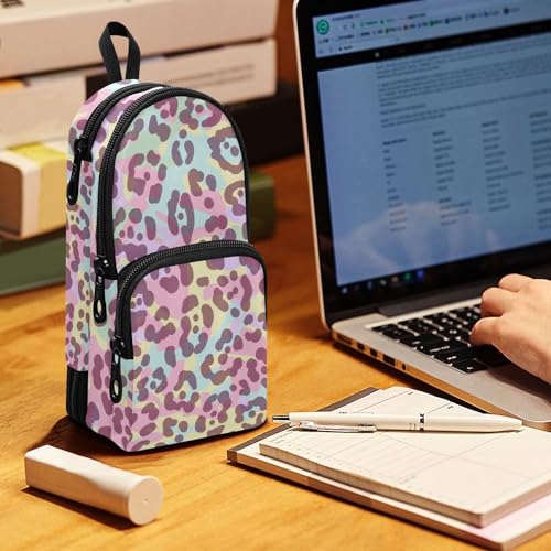 Image of ZAZYXTJ Leopard print Standing Large Capacity Pencil Case 3 Compartment Pen Pouch Storage Makeup Bag for School Office Teen Girl Boy Men Women