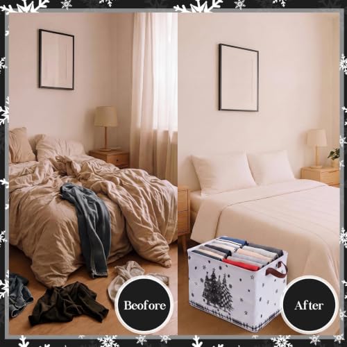 Image of Fourluoo 6 Pack Floral Storage Basket with Handles Clothes Storage Basket Bin Foldable Box Bins Organizer for Closet Shelf Nursery Kid Room Book Toy Chest(6,Black and White Christmas)