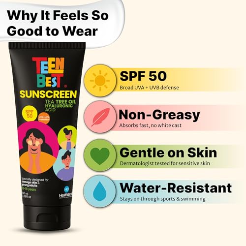 Image of Healthbest Sunscreen SPF 50 PA++++ for Teens & Youth, Daily Use Lightweight Face Sunscreen with No White Cast, Non-Greasy Texture, Broad Spectrum UVA UVB & Blue Light Protection, Enriched with Aloe Vera, Vitamin C, Blueberry & Hyaluronic Acid